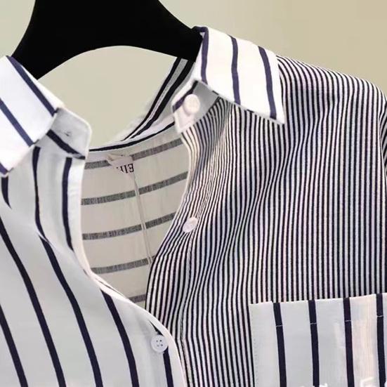 Damska koszula w paski, krótki przód i długi tył, klapy, długi rękaw, jednorzędowa, dopasowanie kolorystyczne, luźna, codzienna, do pracy, bluzka