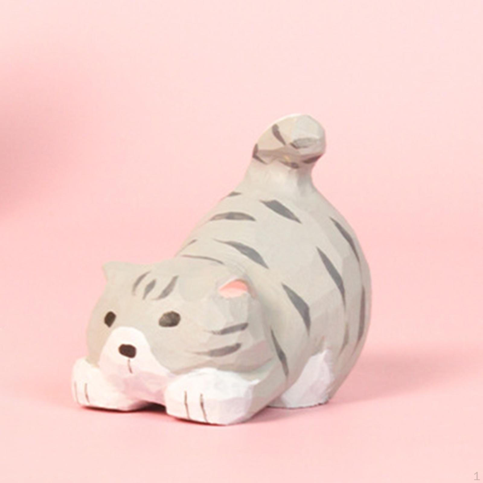 

Carved Cat Statue, Sculpture Fortune Gift Collectible Animal Figure Miniature Wooden Figurine for
