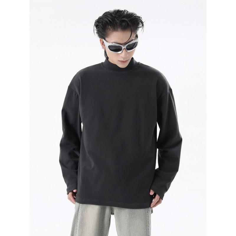 Hip-Hop American-Style Velvet Solid Color Half-High Collar Base Shirt for Men and Women, Trendy Brand, Thickened Self-Heating Warm Long-Sleeve T-Shirt