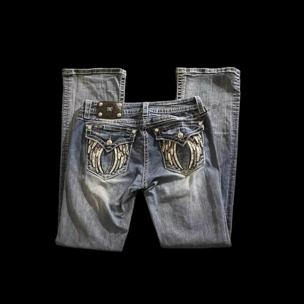 Women's Mid Rise Skinny Jeans Slim Fit Vintage Y2K Wing Embroidery Pocket Decor Non Stretch Denim Trousers