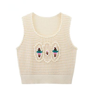 Frauen Mode Beige Aushöhlen Abgeschnitten Gestrickte Pullover Weste Vintage Oansatz Ärmellose Weibliche Chic Dame Tank Tops B-052