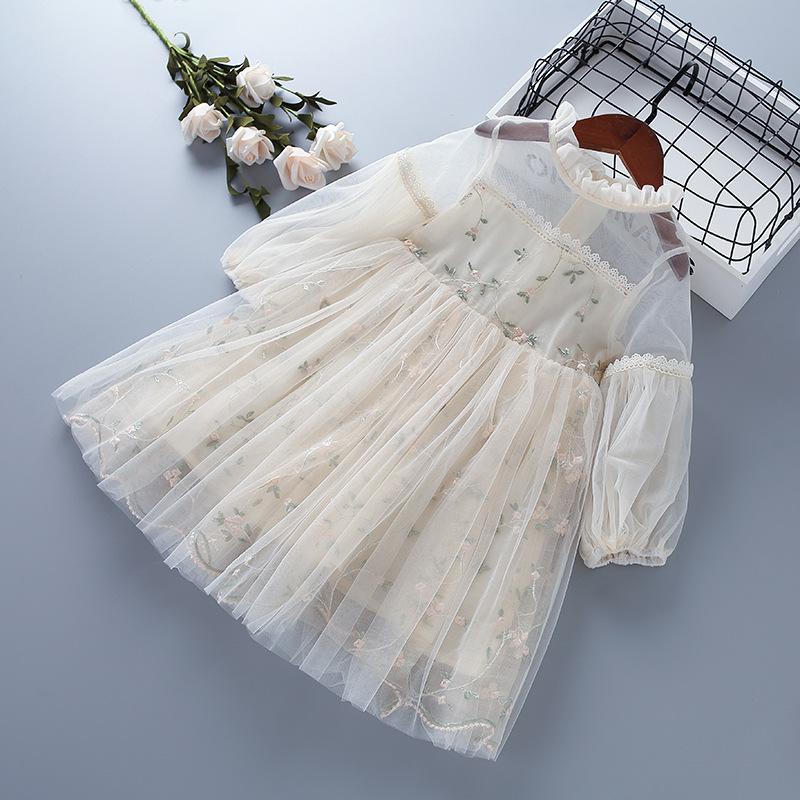 New Girls' Lace Mesh Embroidered Puff Sleeve Dress - Spring & Autumn, Korean Style