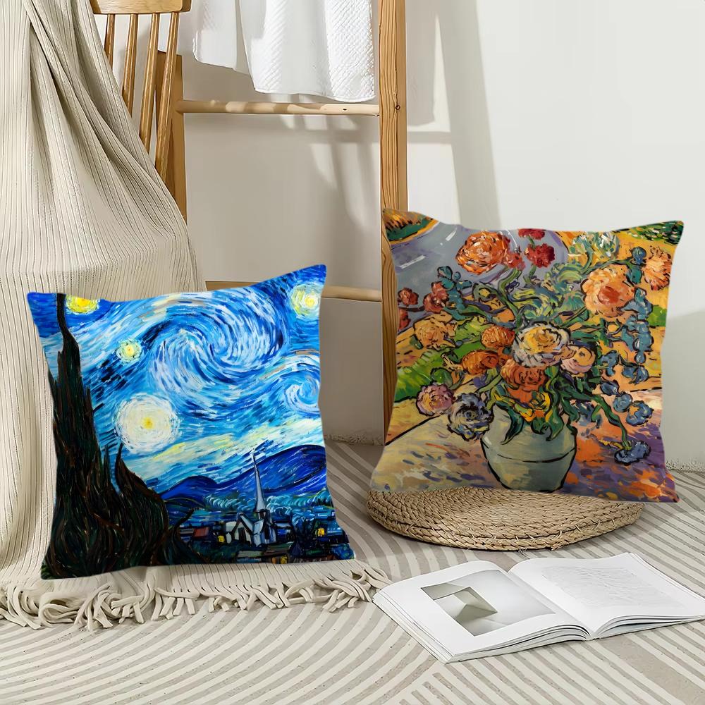 Van Gogh Oil Paintings Cushion Cover Soft Plush Fabric Double-Sided Printed Sofa Cushion Cover For All Seasons Home Decor Gift