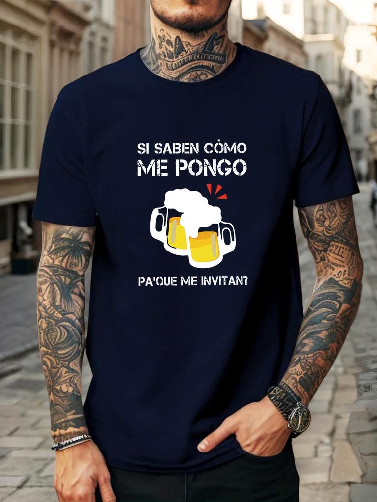 Black Unisexs Tee Spanish Beer Mug Quote Print Crew Neck Cotton Short Sleeve Bar Style Male Street Summer Soft Daily Casual Wear
