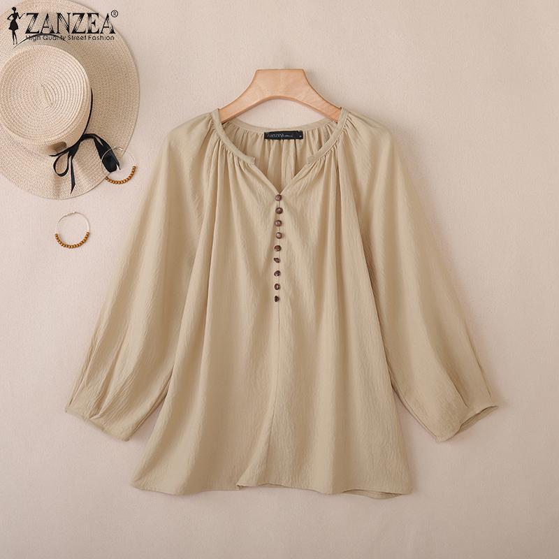 ZANZEA Women Casual V-Neck Solid Color Loose 3/4 Sleeve Blouse