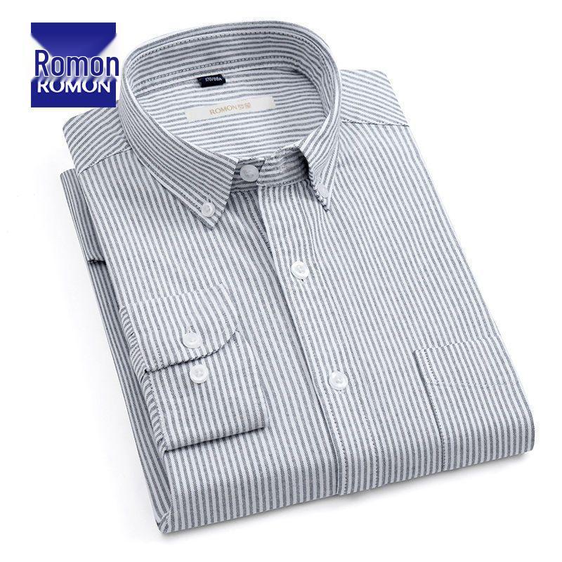 Romon Men's High-End Blue & White Cotton Oxford Long Sleeve Button-Down Shirt