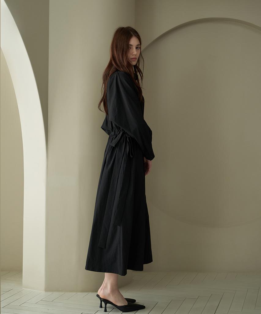 Dijainowol Collar Shirred Long Maxi Dress_Black