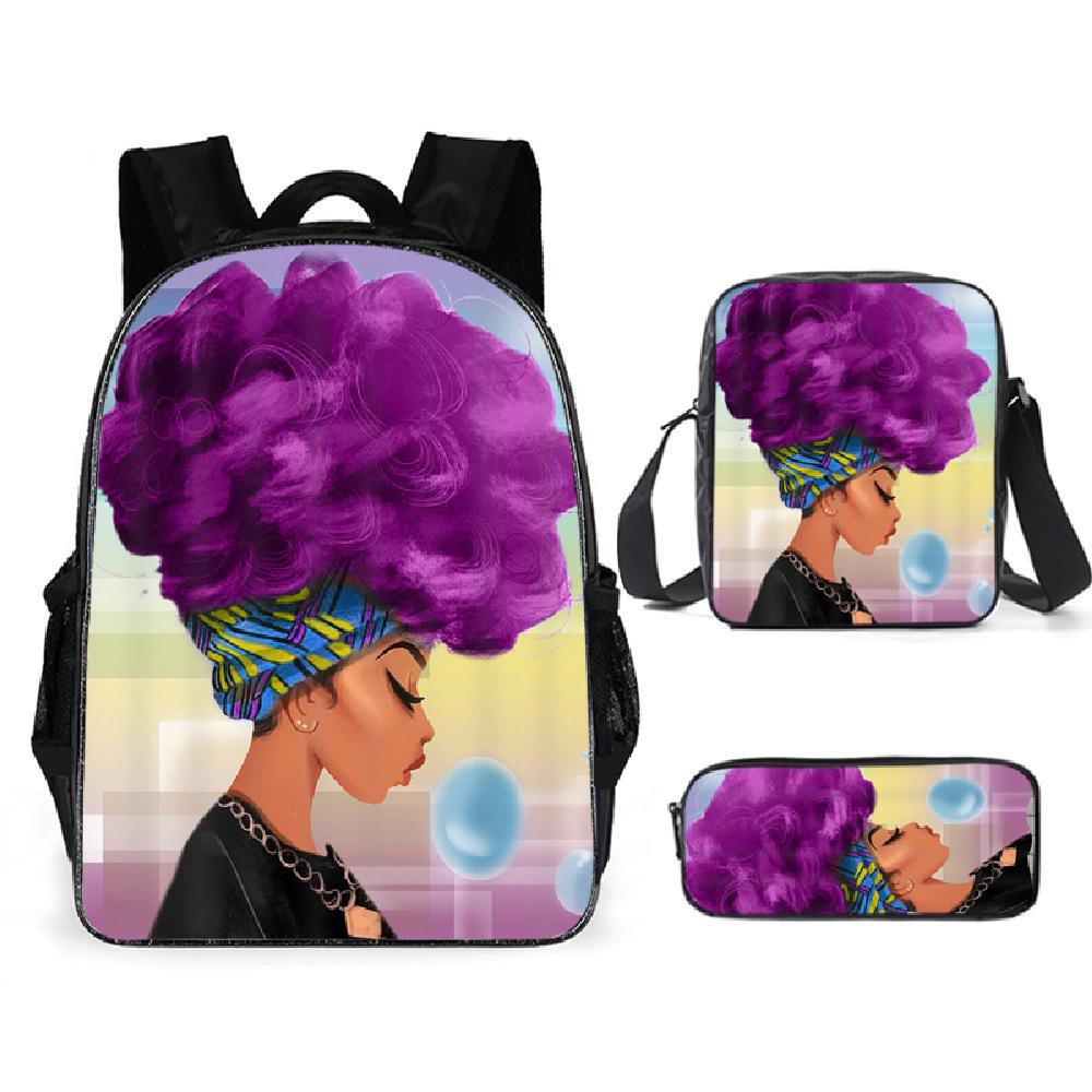 African Girl Schoolbag Three-piece Set, Primary School Students Backpack, Computer Bag, Large Capacity
