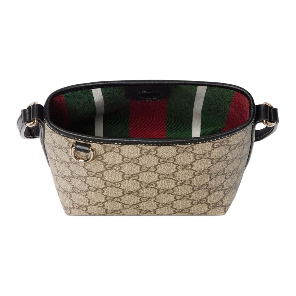 Gucci GG Supreme Beige Bucket Bag, Black Leather Trim, Women's Daily Shopping Travel Crossbody Handbag 847090-FAEUC-9741