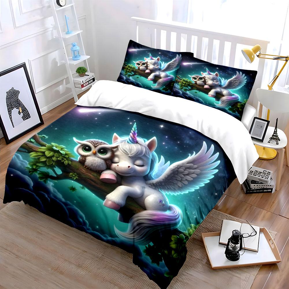 3Pcs Dreamy Unicorn And Owl Cuddling Duvet Cover Set With 3D Printing Design Soft Polyester Bedding Set All-Season Comfort
