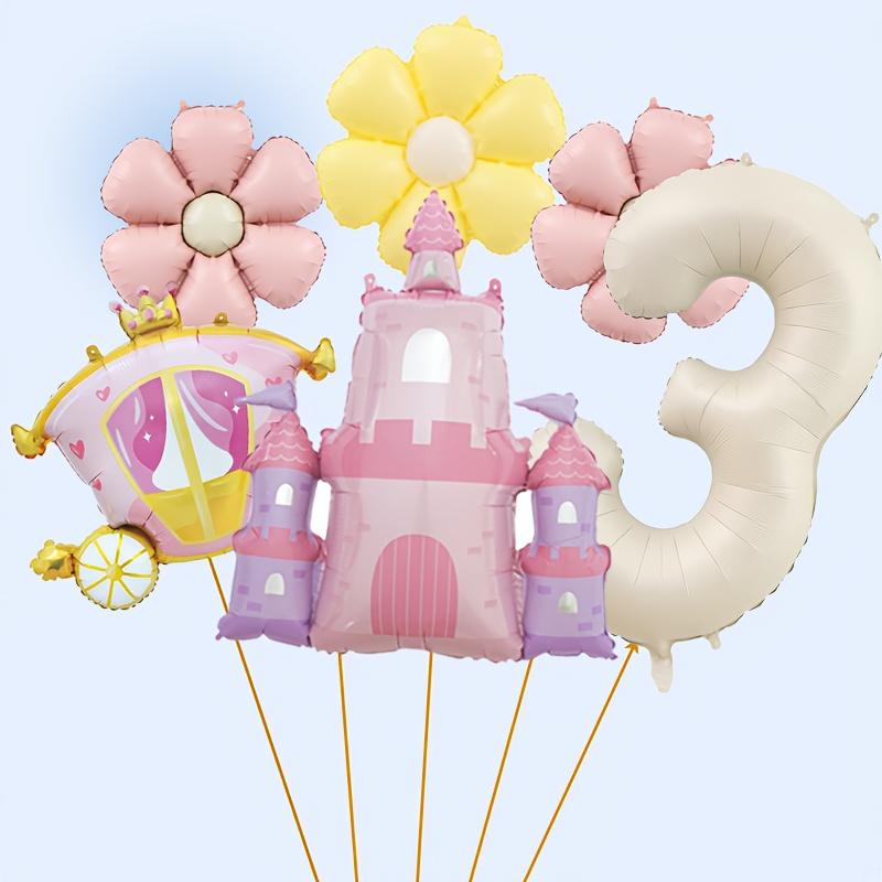 6pcs Castle Princess Carriage-Shaped Aluminum Foil Balloon 40 Inch Cream White Number 1-9 Balloon Set Birthday Party Decoration