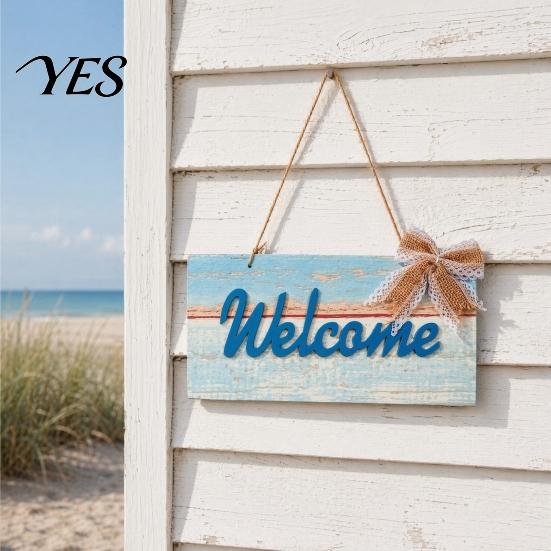 Ocean Themed Decor Welcome Decorative Sign, Wooden Mediterranean Retro Style Long-lasting Door Decoration Wall Mounted Sign for Indoor Outdoor
