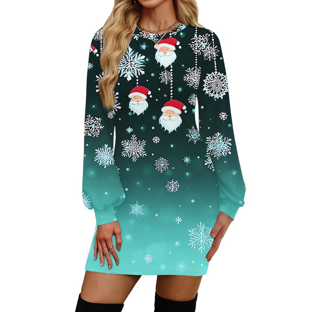 Rochie casual de modă pentru femei, cu imprimeu de Crăciun, cu gât rotund și mâneci lungi