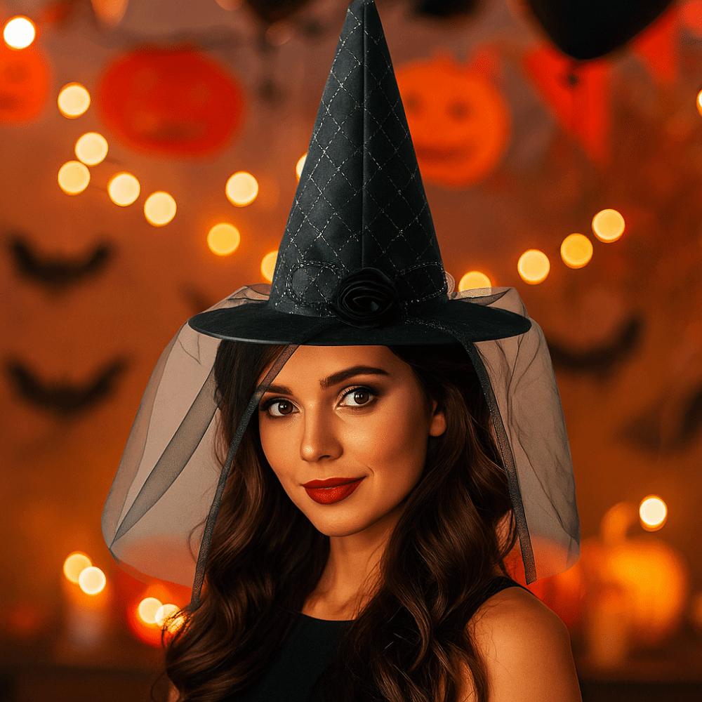 Lace Veil Halloween Witch Hat Rose Feather Halloween Cap Creative Flower Wizard Cap Masquerade