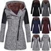 Women's Mid-Length Hooded Woolen Trench Coat with Diagonal Zipper and Plush Cotton Padding