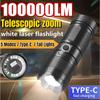 100000 ლმ ულტრა მძლავრი LED ფანარი, მრავალჯერადი დატენვის ტიპი-C ფანარი, შორ მანძილზე 2000 მ, ტაქტიკური ფანარი თევზაობისთვის, ნადირობისთვის