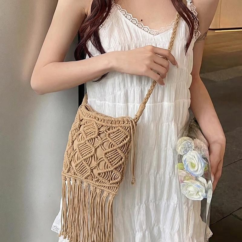 2026 Summer Bohemian Hollow Out Design Beach Bag Ethnic Style Shoulder Bag Fashion Long Tassel Cotton Thread Woven Crossbody Bag
