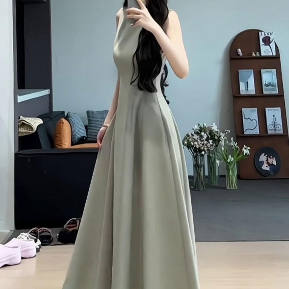 Sleeveless Vest Solid Color Long Skirt Temperament Women Korean Dress Sleeveless Long Dress  Party