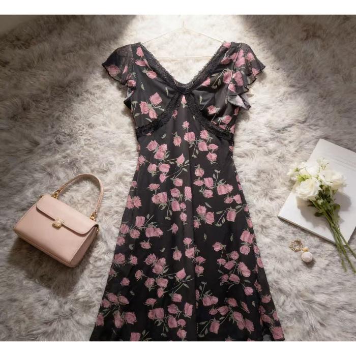 Black V-neck rose floral dress women s summer new temperament waist lace small flying sleeve printed long dress S