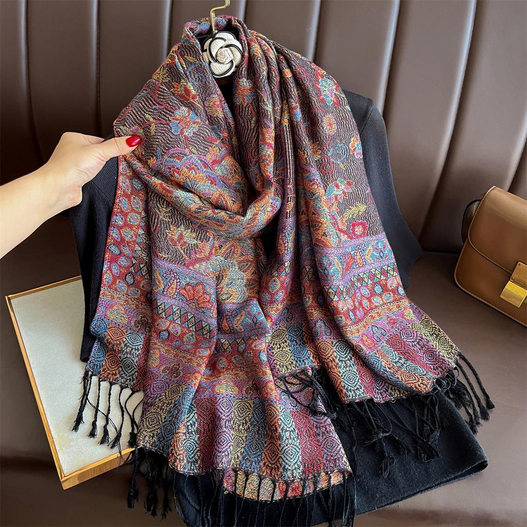 Winter Thick Warm Jacquard Scarf Outdoor Women Travel Retro Paisley Cashmere Tassel Shawl Neck Wrap Pashmina Muslim Hijab
