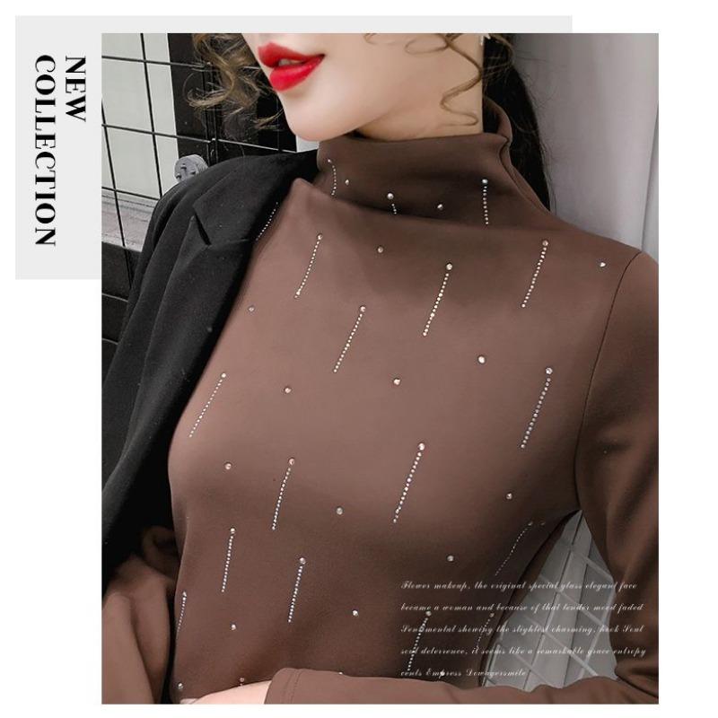 Catifea Germană Față-Verso Gât Mediu Înalt pentru Femei Tricou cu Mânecă Lungă din Catifea Plus Toamnă Iarnă Top cu Incrustații de Diamante