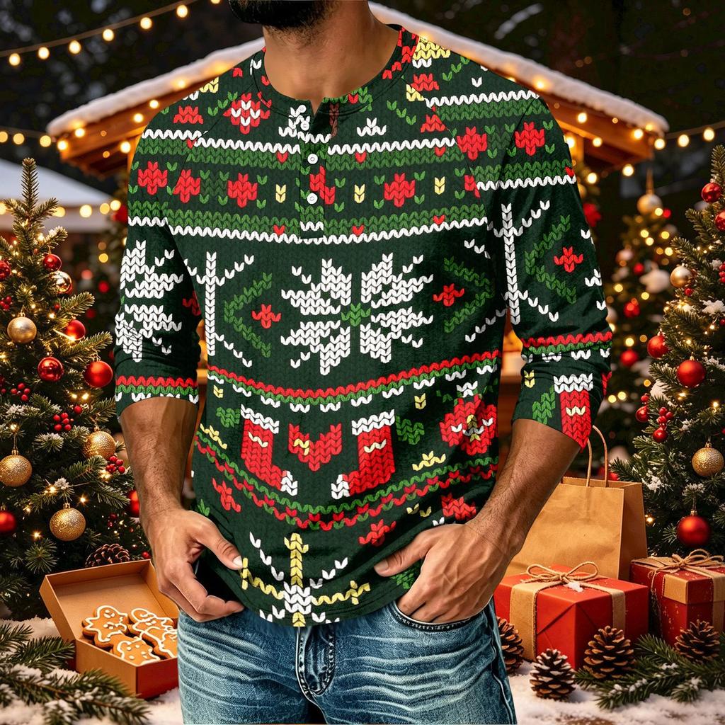 Men's Casual Three-Quarter Sleeve Raglan Shirt with Christmas Print