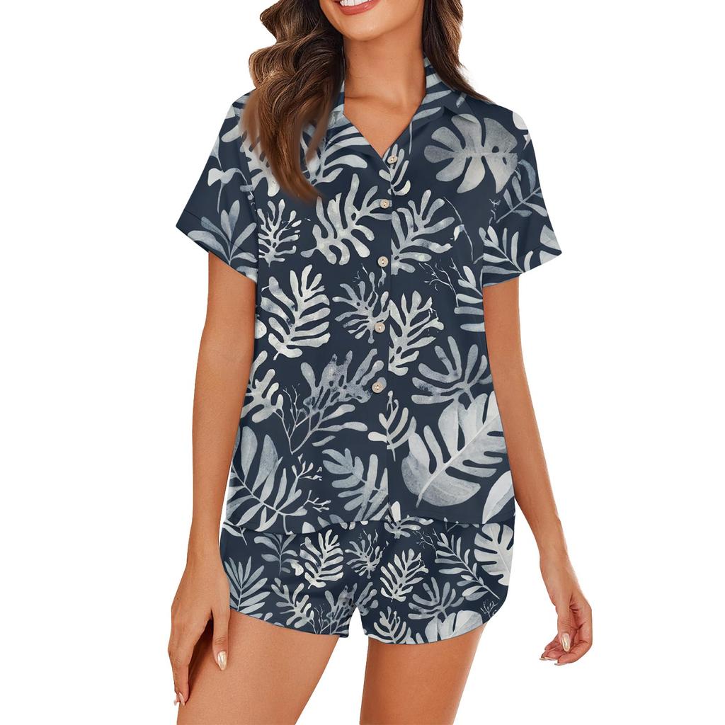 Women's Ice Silk Pajamas Button Homewear Hawaiian Print Short Sleeve Satin Pajama Set
