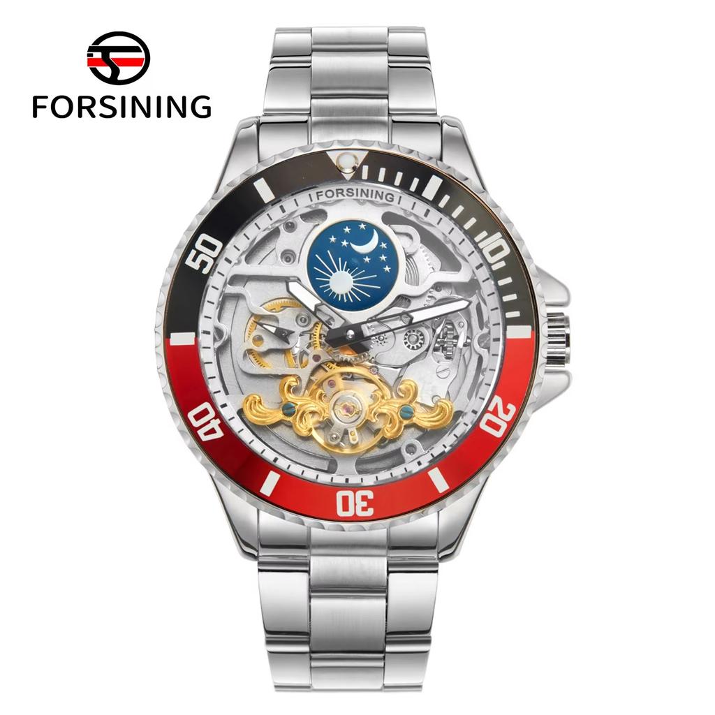 Forsining Luxury Mechanical Watch for Men Moon Phase Rotating Bezel Tourbillon Skeleton Automatic Watches