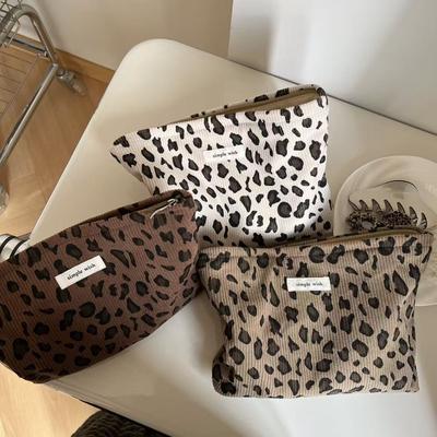 Vintage Cord Kord Kordstoff Leopard Muster Kosmetiktasche für Mädchen Damen Große Clutch Organizer für Make-up Handtasche Mode Kulturtasche