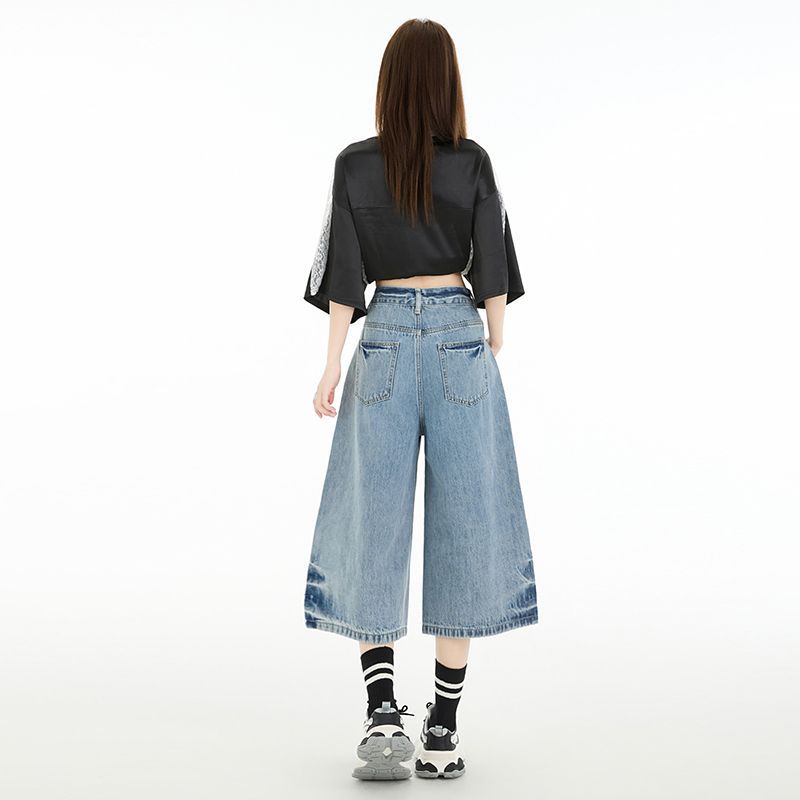 Spring Vintage High Waist Loose Wide Leg Draped Raw Edge Straight Cropped Capri Denim Pants For Women Versatile Slimming AllMatch Casual Bottoms