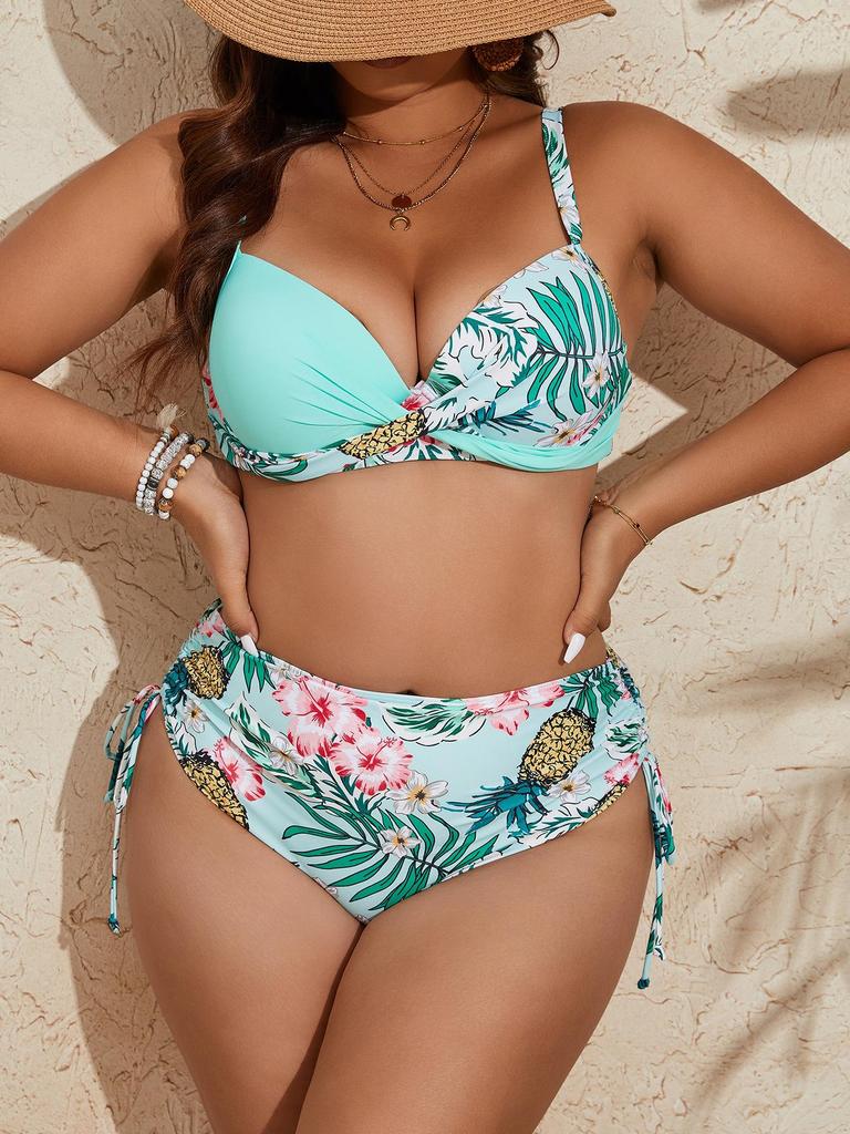 Europäischer Plus-Size Blumen-Bikini mit Schlitz und Kordelzug