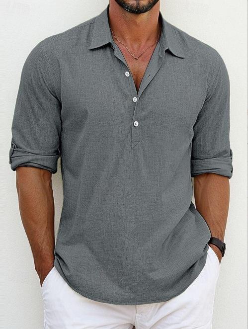 Men s Long-Sleeve Breathable Moisture-Wicking Shirt | Cotton Lapel Shoulder-Tab Solid Color Button Top S серый