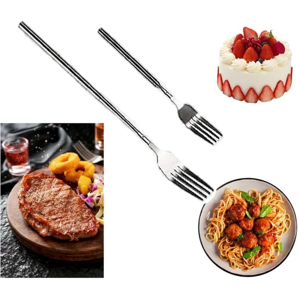 Extendable Fork Telescopic Dinner Fruit Dessert Long Cutlery Forks Barbecue Meat Fork Kitchen Accessories Tools Silver Stainless