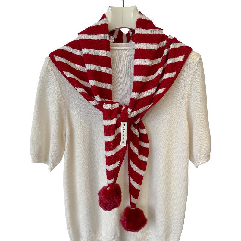 Châle Écharpe Rayé Rouge Fait Main 100% Laine avec Pompon Amovible – Polyvalent et Chaud pour Noël 2025
