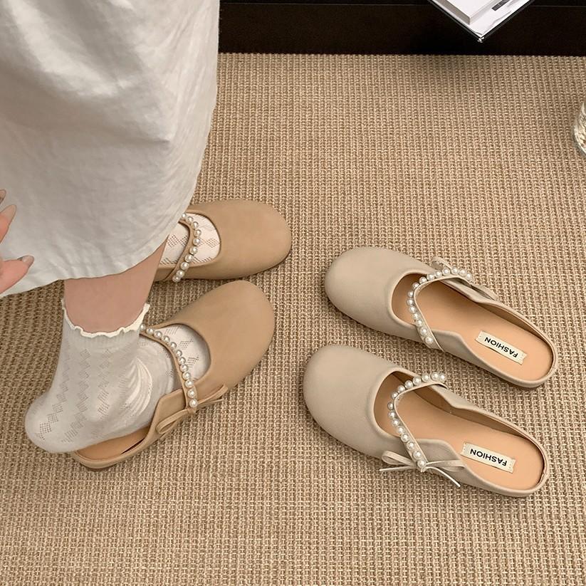 Leichte Perlen-Flachboden-Taschenkopf-Hausschuhe Damen rutschfeste Halbschuhe