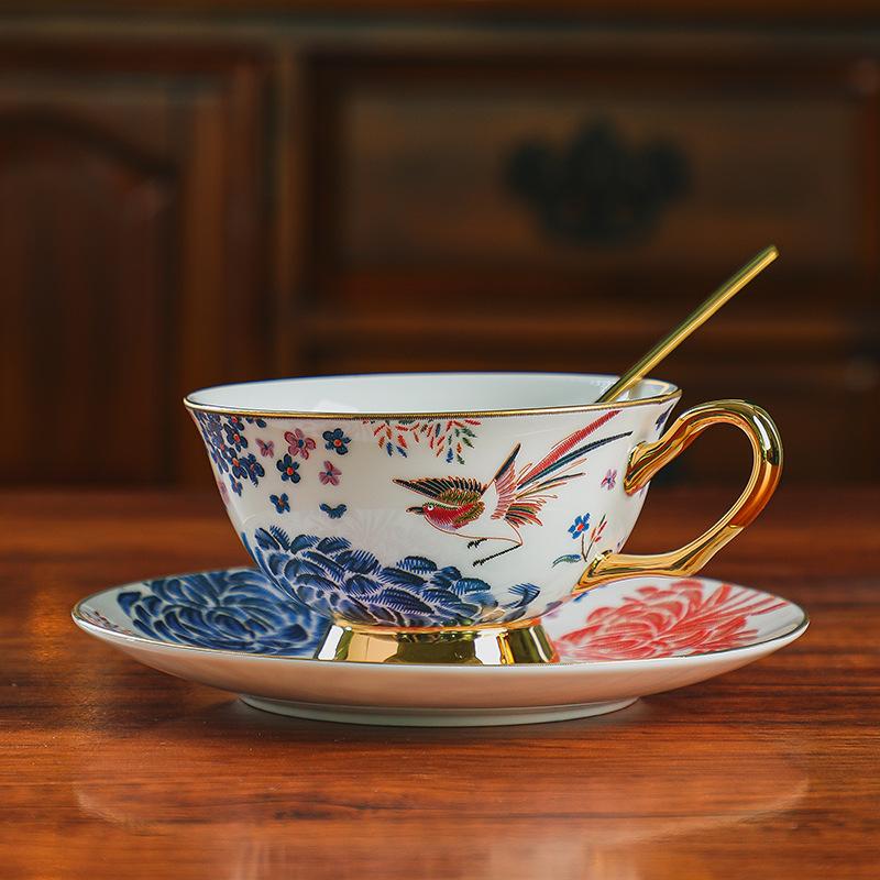 

Винтажный весенний набор из чашки и блюдца для чая 220 мл, фарфоровая кофейная чашка с золотой отделкой, чашки с цветами и птицами для женщин