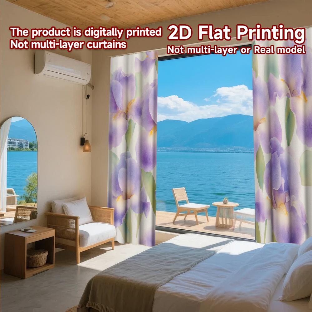 2D FLAT PRINTING 2pcs Curtains (Without Rod) Floral Iris Design Modern Fashionable Curtainments during the Easter holiday