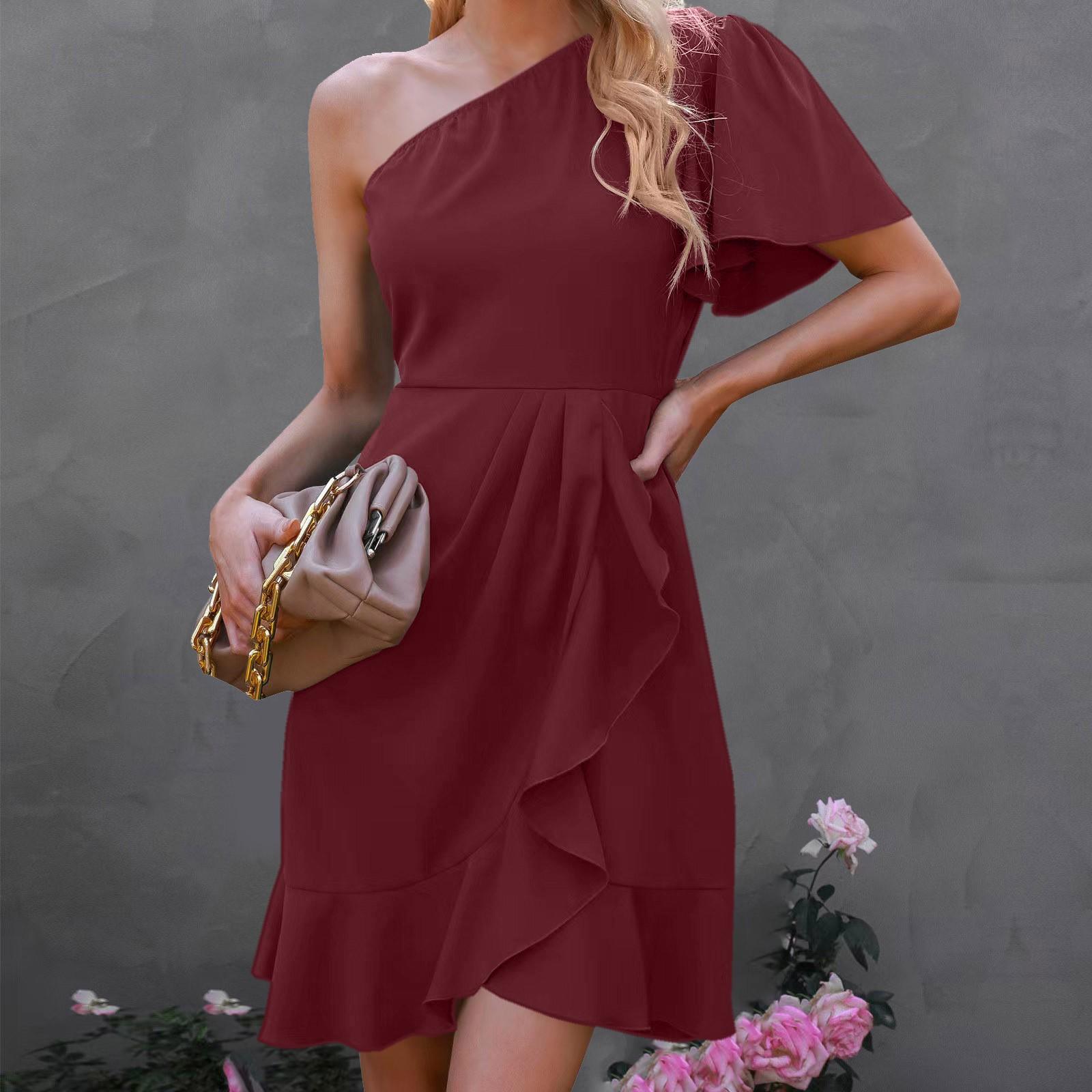 

Женская мода, однотонная односторонняя юбка средней длины с рюшами на плечах и высокой талией XL красный