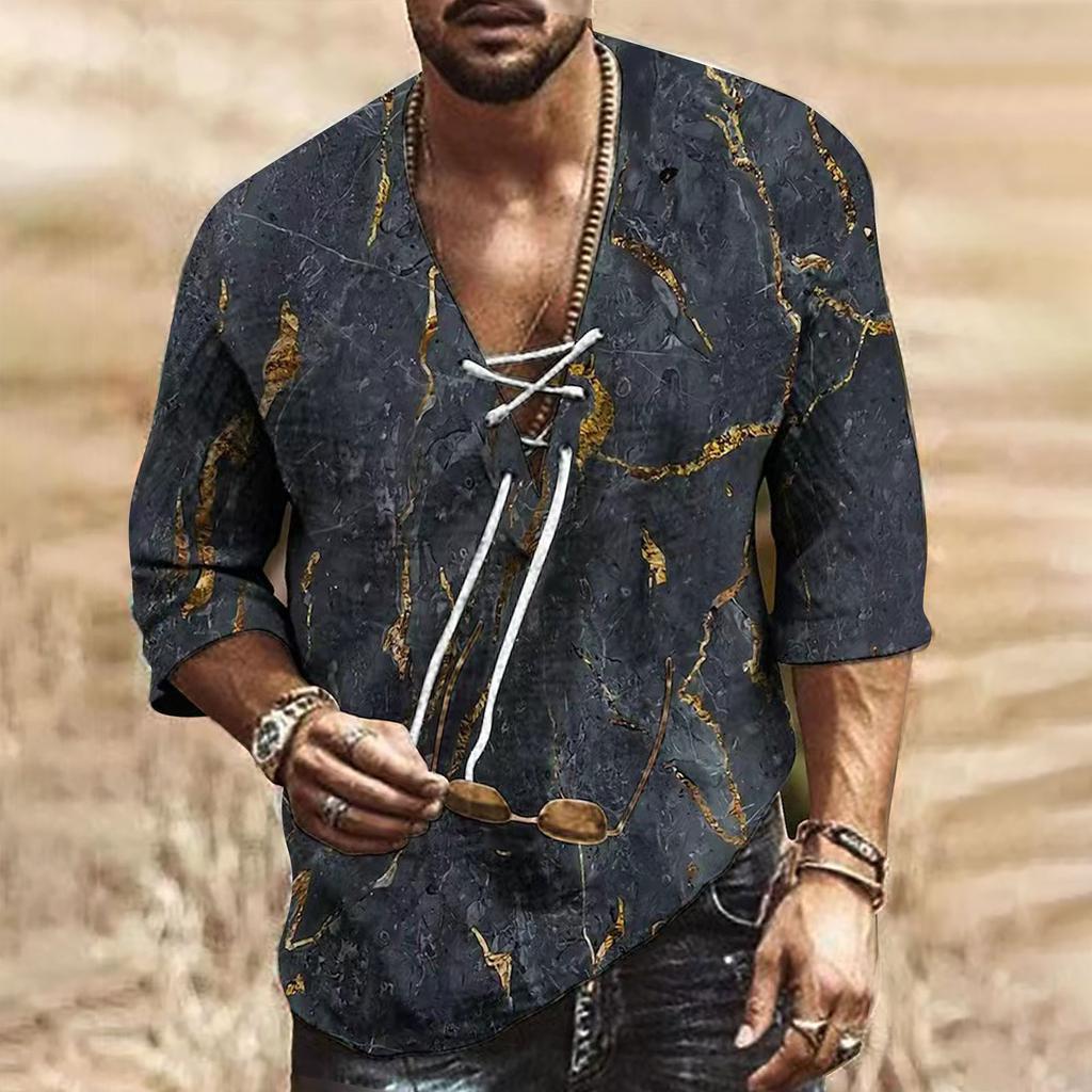 Camisas holgadas con estampado de cuello en V y lino de algodón de media manga corta para hombre