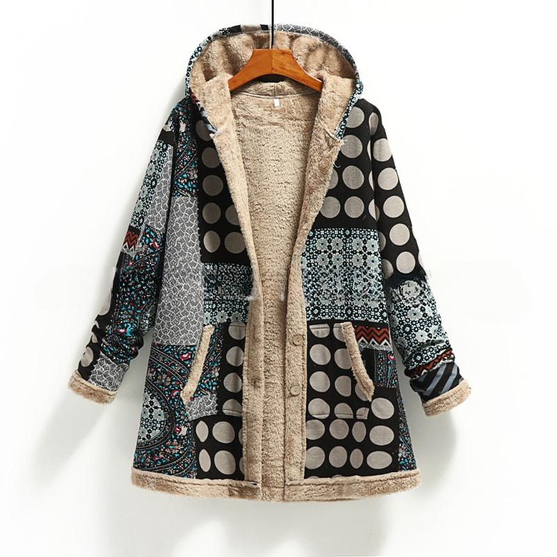 Ladies Commuter Coat Cotton Double-sided Loose Top Winter Warm Fashion Ethnic Style Printed Hooded Coat