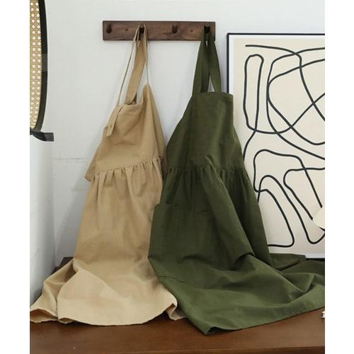 Aimoha Cafe Apron, Flared Dress Apron, Women's, Gardening Apron, 100% Cotton, Natural Cafe-Style Apron (Green)