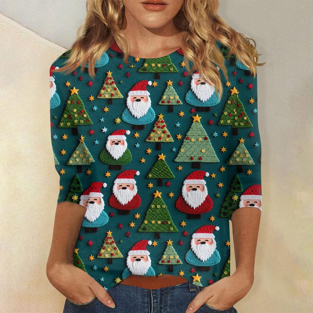 Women's Fashionable Casual Three-Quarter Sleeve Christmas Print Round Neck Top
