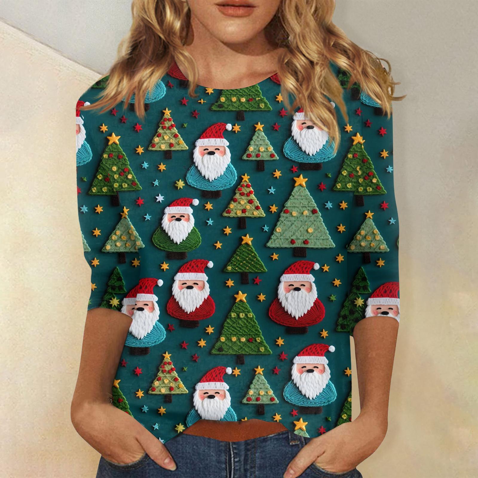 

Женская модная повседневная футболка с рукавом три четверти и рождественским принтом, с круглым вырезом M