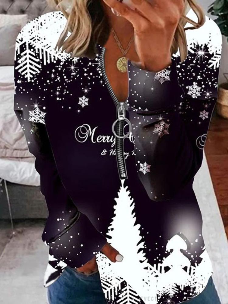 

Casual Stand-Up Collar Zip Long Sleeve Loose Pullover Digitally Printed Womens Sweater Comfortable Fit Trendy Versatile for Daily Wear XXXL