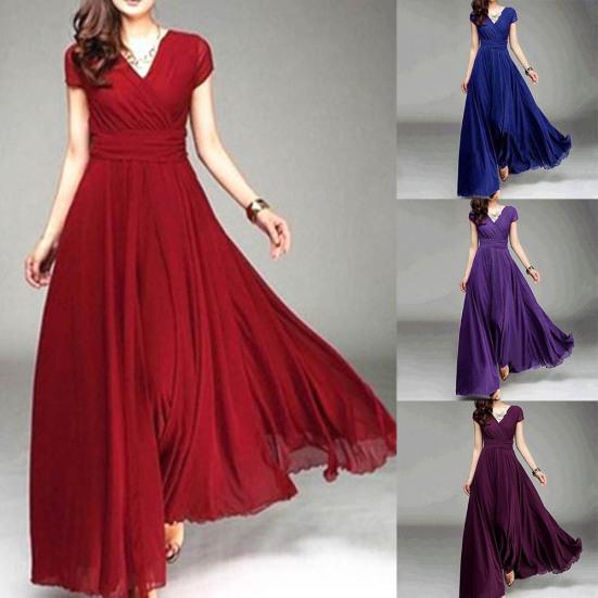 Plus Size Solid Color Women Party Suknia V Neck Krótki rękaw Slim Fit Maxi Dress