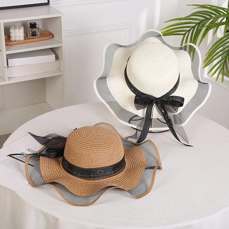 Fashion Flat-Topped Straw Hats Girls Wide Brim Sun Hat Outdoor Lace Bow Strap Lightweight Uv Protection Beach Cap