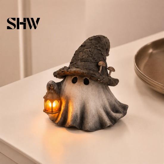 Handgefertigte Harz-Schreibtischdekoration Halloween Geist Zaubererhut Figur mit LED-beleuchteter Laterne, Vintage Dekorative Hexenstatue für Herbst-Tischplatte Kaminsims