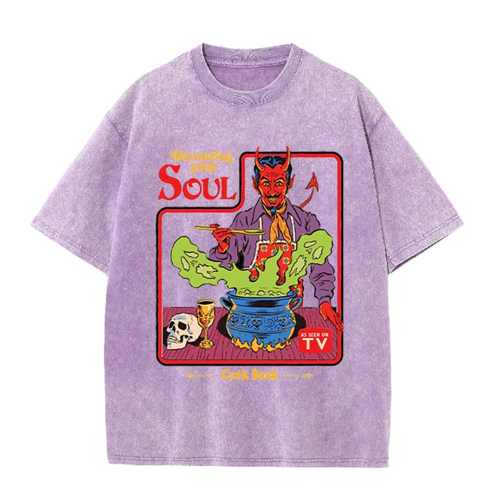 2026 Vintage Washed Black Devil Cooking Devouring Your Soul Retro Comic Graphic T Shirt Gothic Cartoon Oversized Streetwear Shor