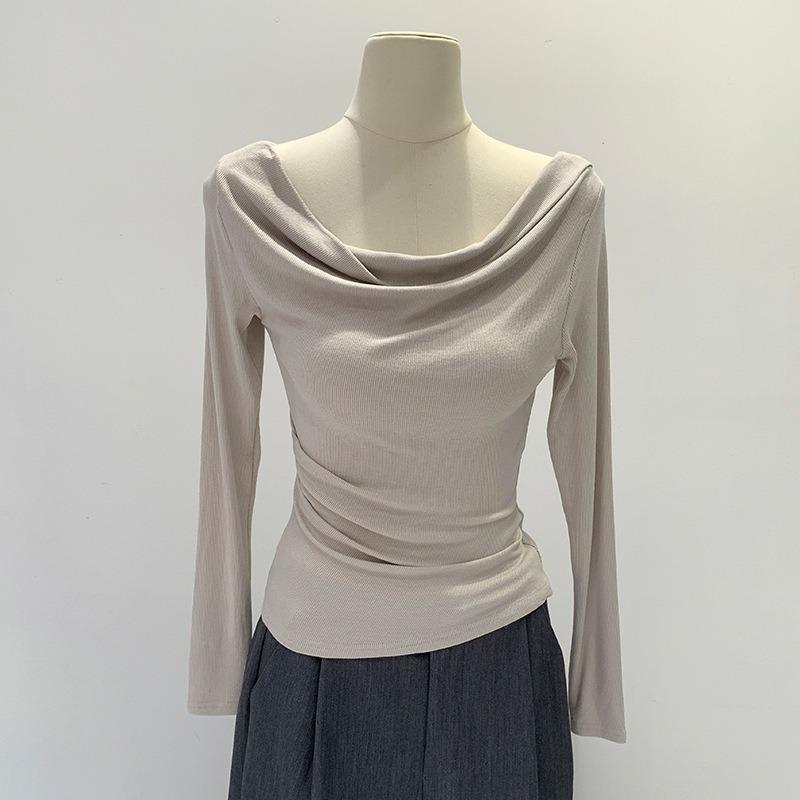 Spring swinging collar leaking collarbone long-sleeved shirt female slim-fit Spice Girl one-word shoulder top bottoming shirt