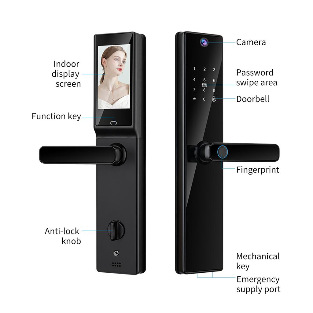 Smart Lock with Camera 4.5 Inch Screen BT Keyless Entry Door Lock APP Fingerprint Password Card Mechanical Key